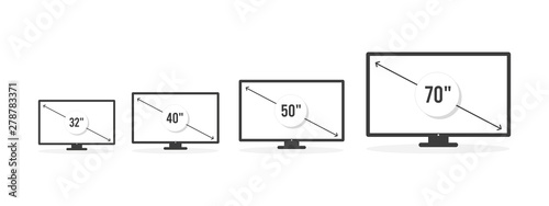Smart TV icon set. Diagonal screen size in 32, 40, 50 and 70 inches. Lcd television display. Computer monitor. Vector illustration, flat design