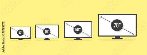 Smart TV icon set. Diagonal screen size in 32, 40, 50 and 70 inches. Lcd television display. Computer monitor. Vector illustration, flat design