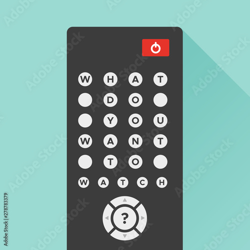 TV remote control with long shadow on turquoise background. On the buttons the text: "What do you want to watch?" Concept of streaming television, web television, video on demand. Vector flat design