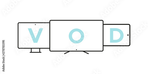 Device Icons: smart TV, desktop computer and tablet. Video on demand concept. Vector illustration, flat design
