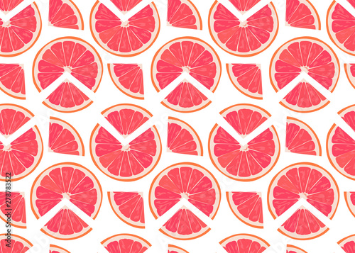 Orange fruits slice and piece seamless pattern on white background. Grapefruit citrus fruit vector illustration.
