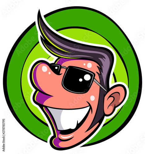 Cartoon style teddy boy, fifties style smiley face with sunglasses.