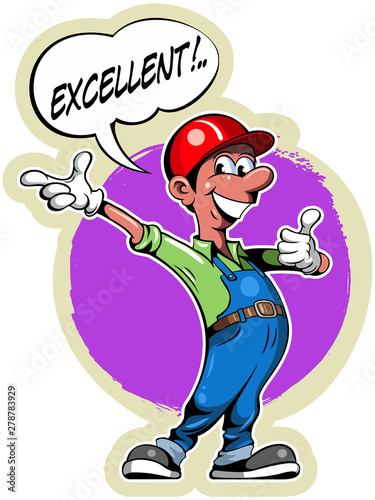 Cartoon style worker in overalls with comic book text frame.