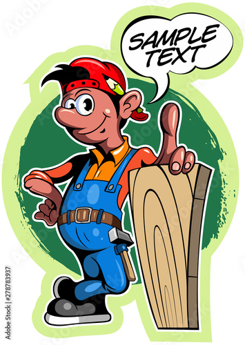 Cartoon style worker in overalls with comic book text frame.