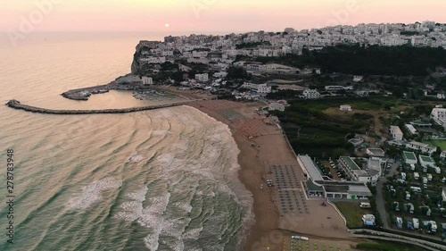 Aerial view of Peschici  sunrise, a country on the sea in Puglia in Italy
