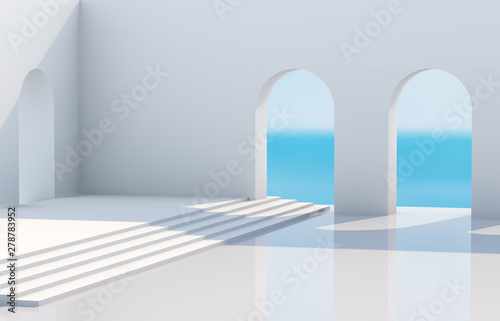 Fototapeta Naklejka Na Ścianę i Meble -  Scene with geometrical forms, arch with a podium in natural day light. minimal landscape background. sea view. 3D render background.
