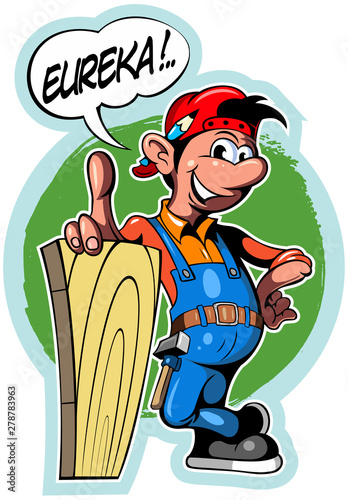 Cartoon style worker in overalls with comic book text frame.