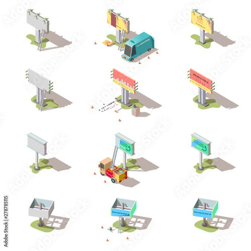 Isometric billboards, advertising street media banners and cars set. Signboards, large outdoor ads structure for marketing and business information promo offers presenting, 3d vector illustration