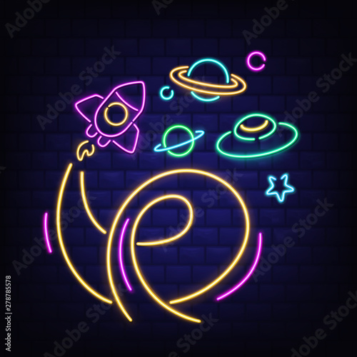 Neon space icons set, rocket, ufo, Saturn planet and star signs, rocketship with flame, glowing fluorescent light on dark brick wall. Bar, nightclub retro illumination. Realistic vector illustration