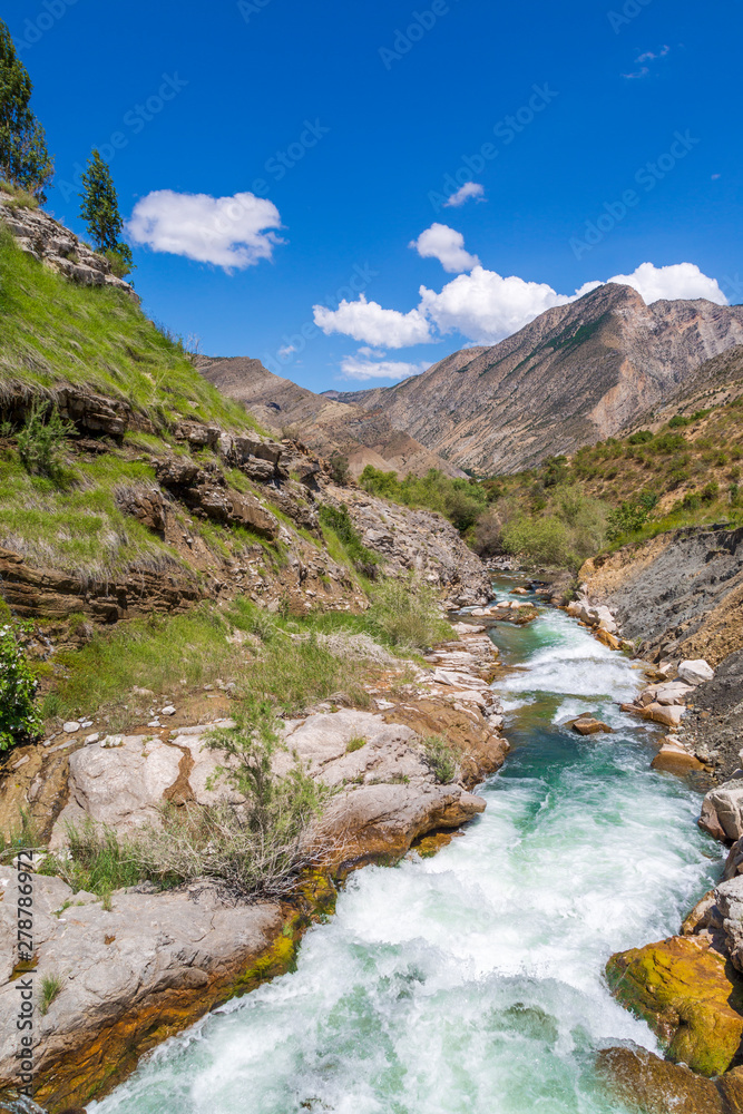 Tortum creek near the waterfall in summertime in Uzundere, Erzurum, Turkey Tortum creek near the waterfall in summertime in Uzundere, Erzurum, Turkey