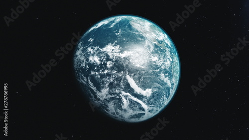 motion graph half lit blue white planet Earth rotating about axis approaches and moves away in black space. 3d animation. Science and technology concept. Elements of this media furnished by NASA