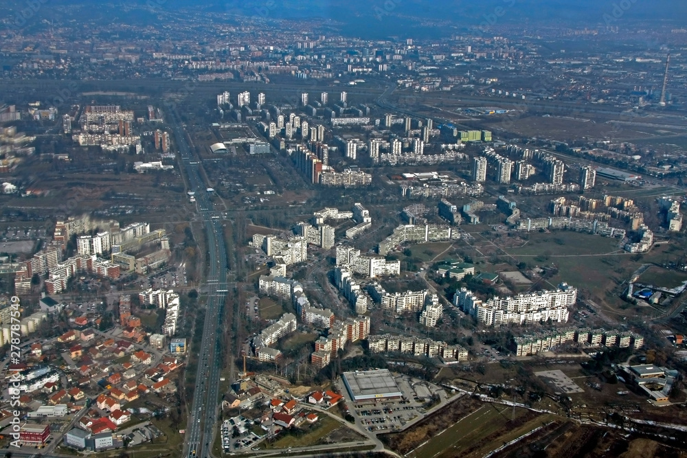 Flying over the city Zagreb with the cessna airplane