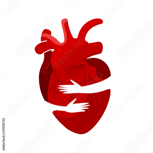 Medical concept of a red heart organ in an embrace. Can be used for posters, icons, web banners and cards