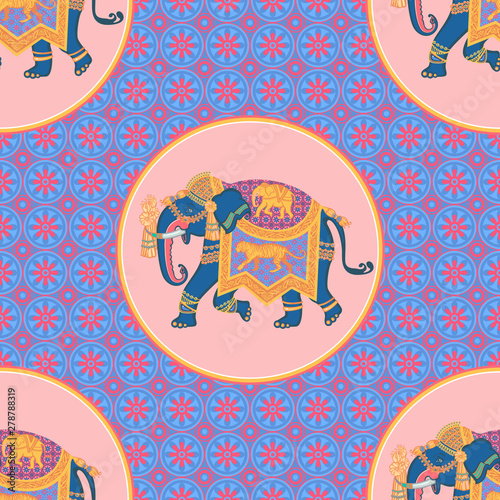 Indian elephant. Vector graphics. Decorative image. Seamless pattern