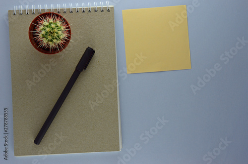 Green cactus on a work notebook with a black pen and a yellow sticker. Mocup working area concept top view