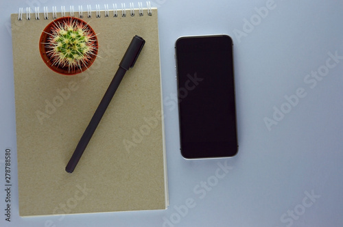 Green cactus on a working notebook with a black pen and a mobile phone. Mocup working area concept top view