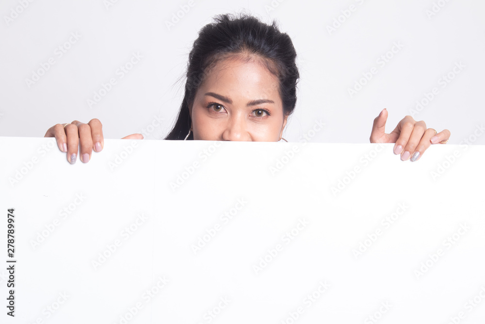 Close up of young Asian woman behind a blank sign. Close up of young Asian woman behind a blank sign.