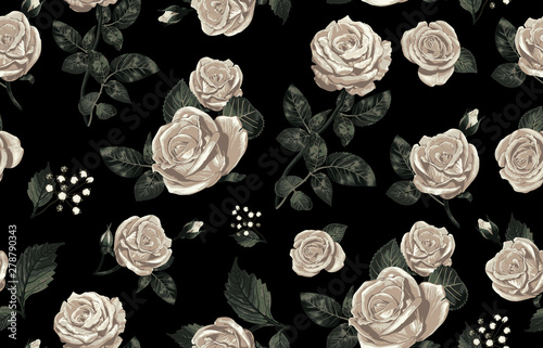 Elegant pattern of blush toned rustic flowers isolated in a solid background great for textile print, background, handmade card design, invitations, wallpaper, packaging, interior or fashion designs.