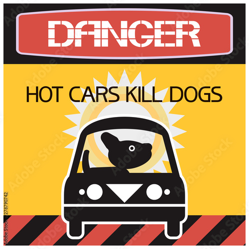Hot cars kill dogs. Warning of possible danger of overheating from sunlight animals during transportation.