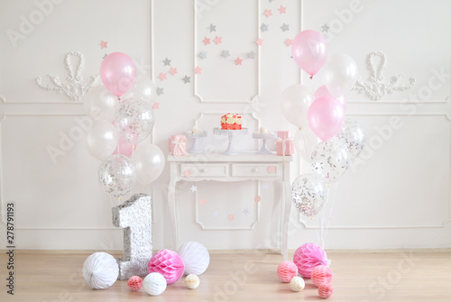 Decorations for birthday party. A lot of balloons. 