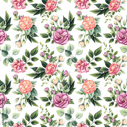 Seamless Pattern of Watercolor Buds, Flowers and Leaves