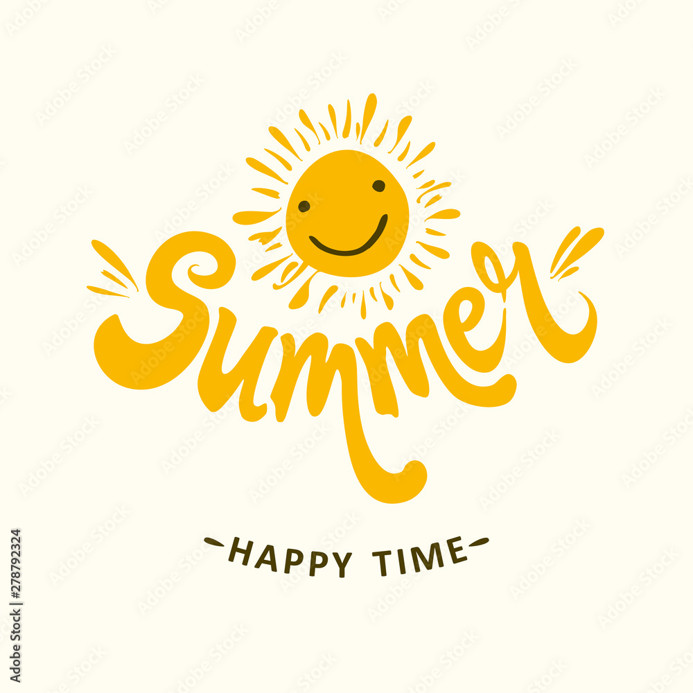 Obraz premium Summer. Sun smiles. Happy time. Bright yellow seasonal template. Vector illustration for season banner, label, poster, logo Summer.