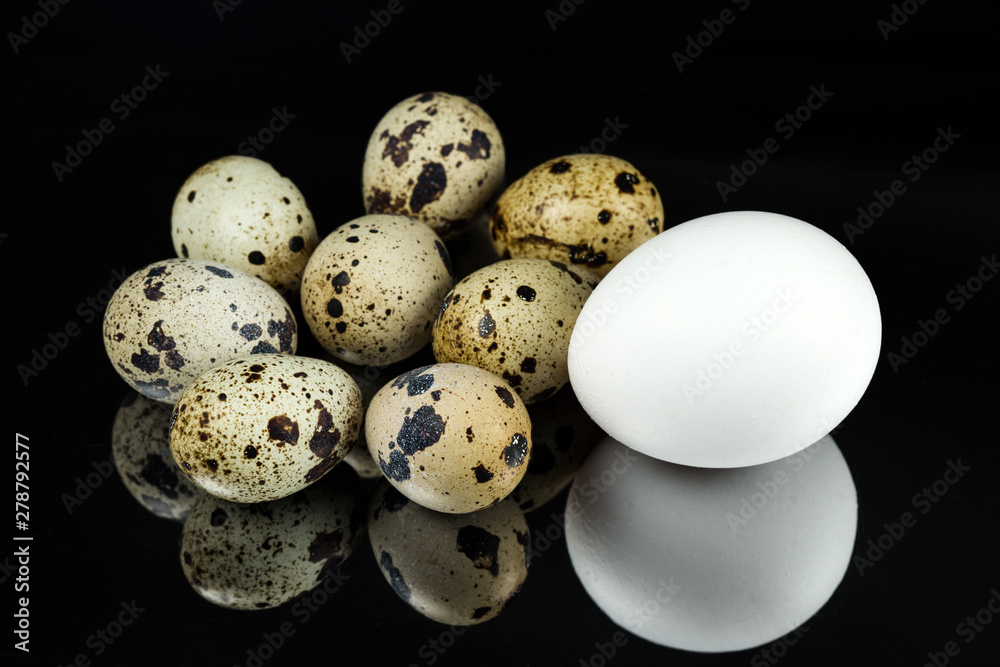 Chicken and quail eggs on a black mirror surface. Selective focus.