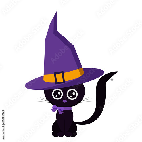 Happy halloween sweet funny cute black cat girl with collar with a bow and cartoon purple with buckle strap witch hat