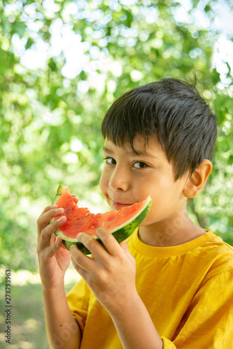 Young boy wearing yellow shirt eats a watermelon  at a picnic in the park