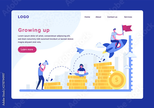 Vector Illustration Inscription Investment Flat. Girl is Sitting on Gold Coins with Laptop in Hand.The guy flies on a rocket with a flag. The guy commands, teamwork. Growing up. Landing page.