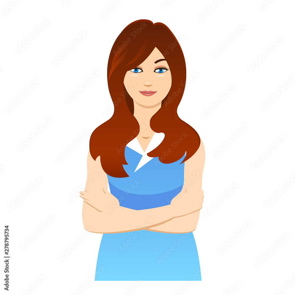 An illustration of a beautiful brunette girl to the waist. Wearing a blue dress, arms across her chest. An illustration of a beautiful brunette girl to the waist. Wearing a blue dress, arms across her chest.