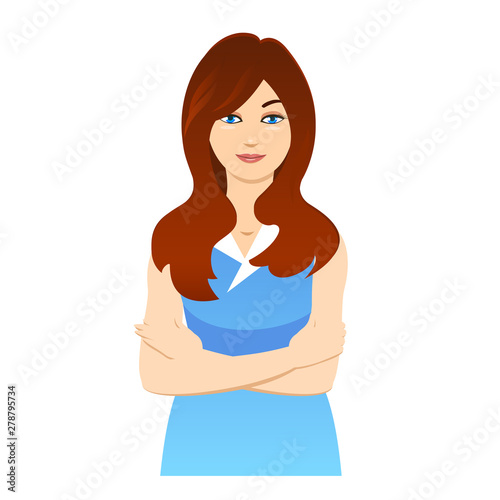 An illustration of a beautiful brunette girl to the waist. Wearing a blue dress, arms across her chest.