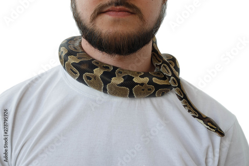 A man with a snake around his neck. White background. Snake around a man's neck. photo