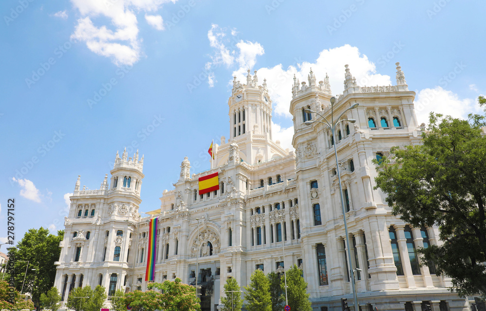 The main facade of the City Hall, located at Plaza de Cibeles square, City Council of Madrid, Spain