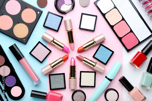 Makeup cosmetics on colorful background