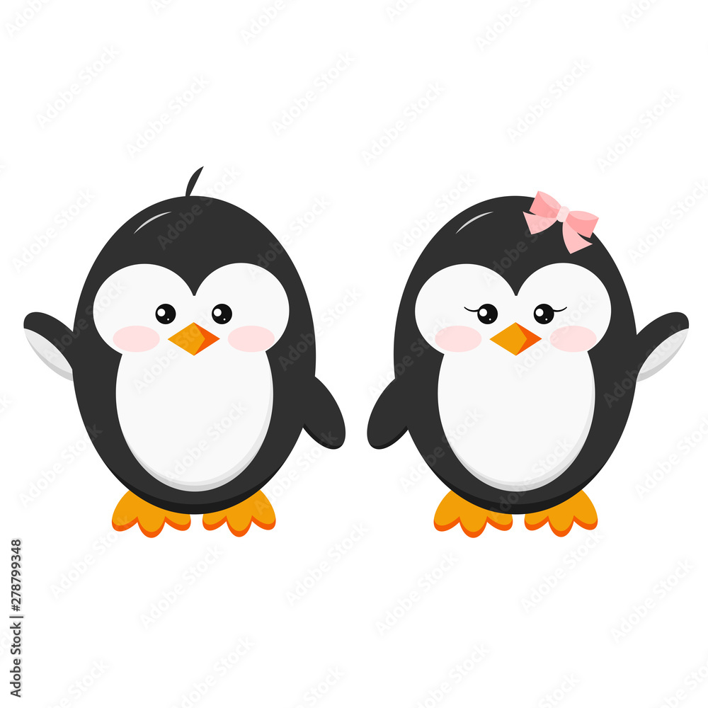 Fototapeta premium Set of sweet couple characters - boy and girl baby penguin icon hold hands