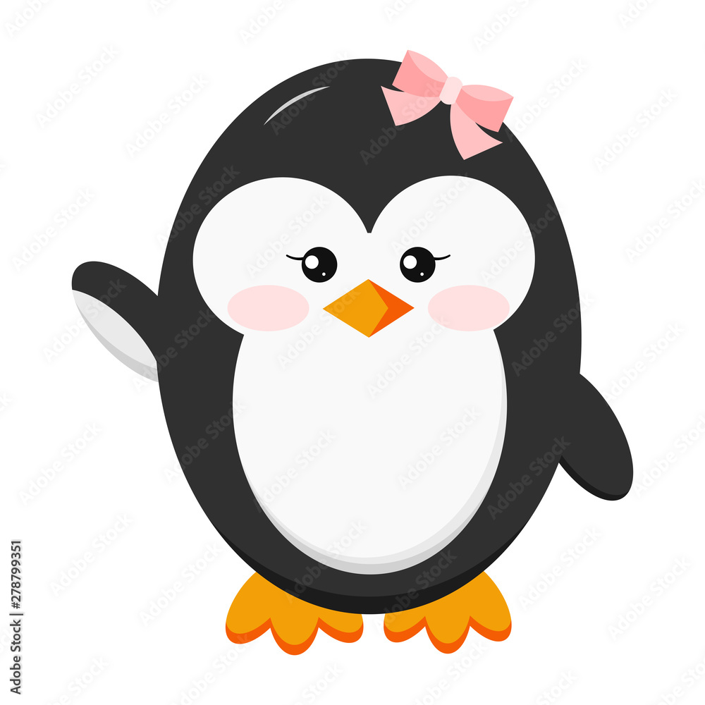 Sweet funny cute baby girl penguin with bow icon in standing hi pose isolated on white background.