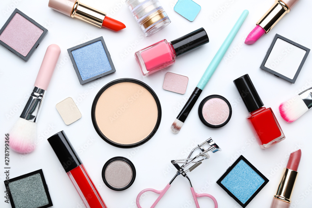 Different makeup cosmetics on white background Different makeup cosmetics on white background