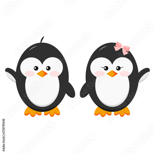 Set of sweet couple characters - boy and girl baby penguin icon hold hands