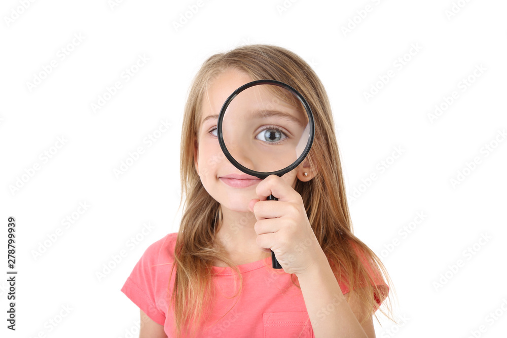 Little girl with magnifying glass isolated on white background Little girl with magnifying glass isolated on white background