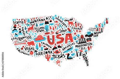Fototapeta USA map flat hand drawn vector illustration