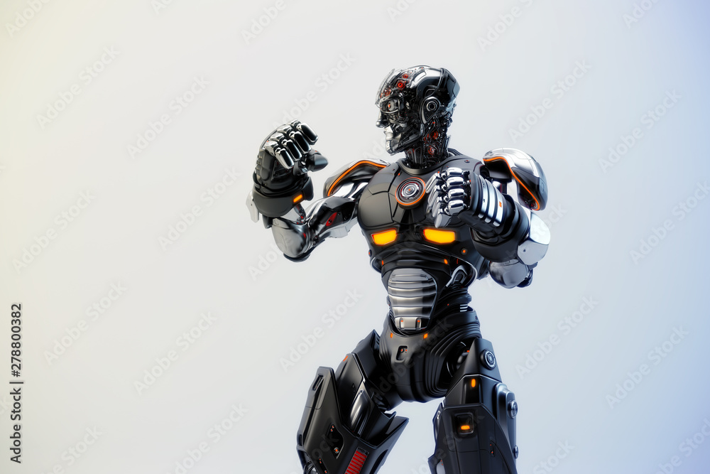 Black robot boxer in rack stand, 3d rendering