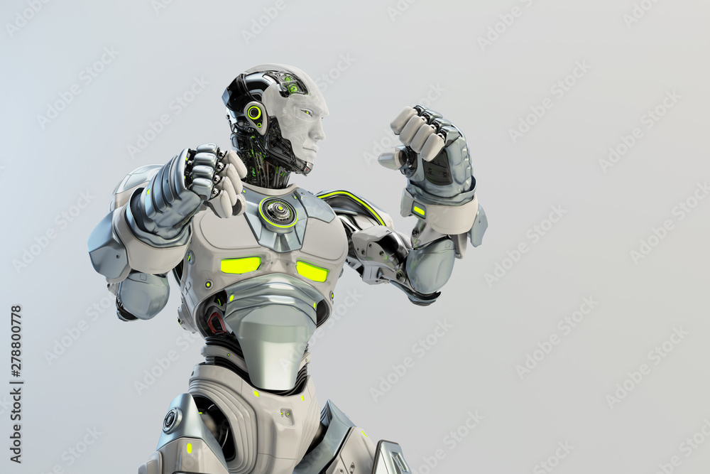 White robot boxer in rack stand, 3d rendering