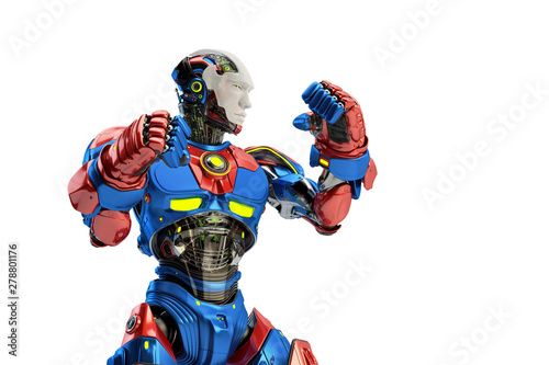Blue-red robot boxer in rack stand, 3d rendering