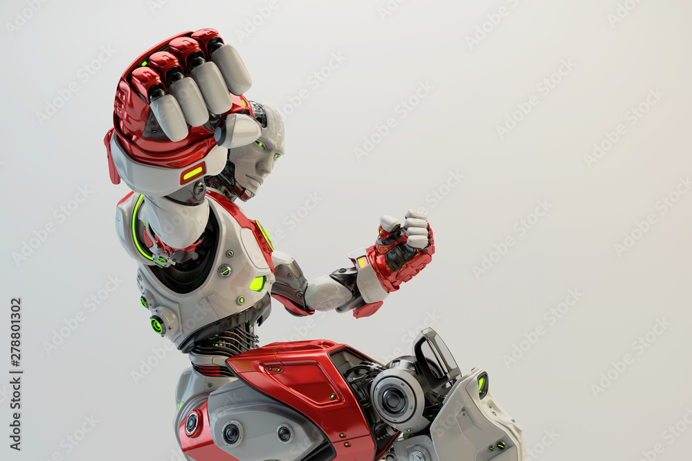 White-red Muscly Robot boxer punching the air, 3d rendering White-red Muscly Robot boxer punching the air, 3d rendering
