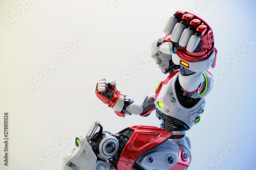 White-red Muscly Robot boxer punching the air, 3d rendering