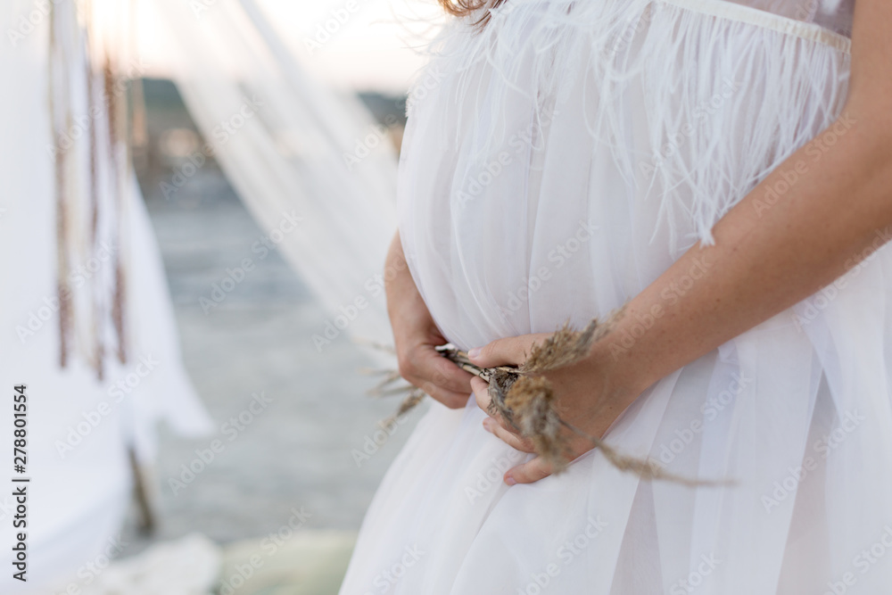 Obraz premium the pregnant woman keeps her hands on her stomach. pregnant woman in a dressing gown made of tulle. pregnant belly