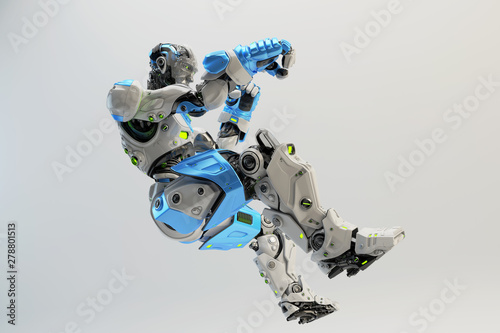Fototapeta Naklejka Na Ścianę i Meble -  Blue-white robot boxer making punch in the air, 3d rendering