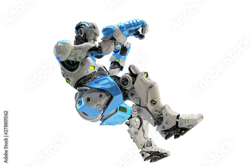 Blue-white robot boxer making punch in the air, 3d rendering