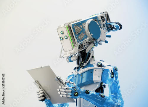 Cyborg working with digital tablet, 3d illustration